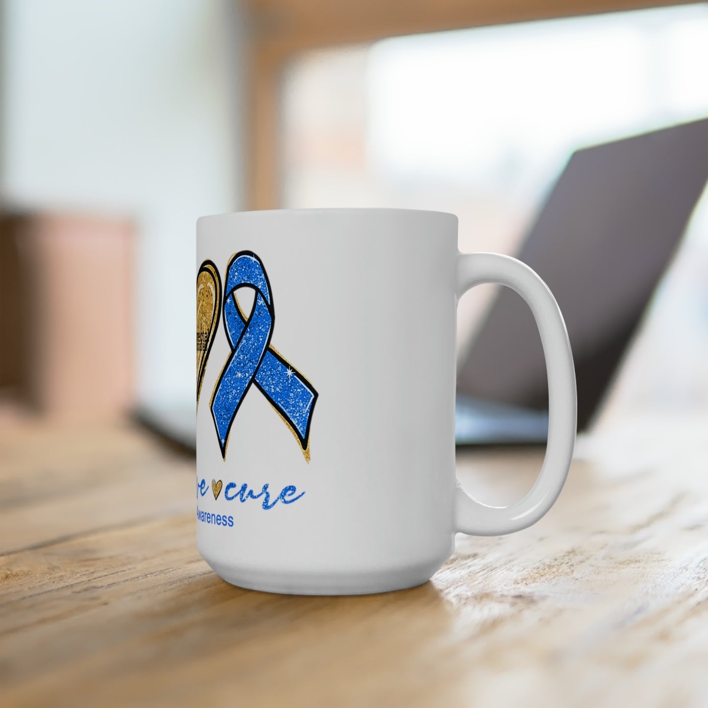 Colorectal Cancer Awareness , LOVE, Peace Cure , Cancer 15oz mug