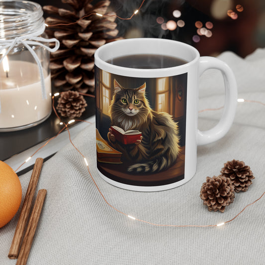 Maincoon Cat  pondering coffee, 11oz, 15oz