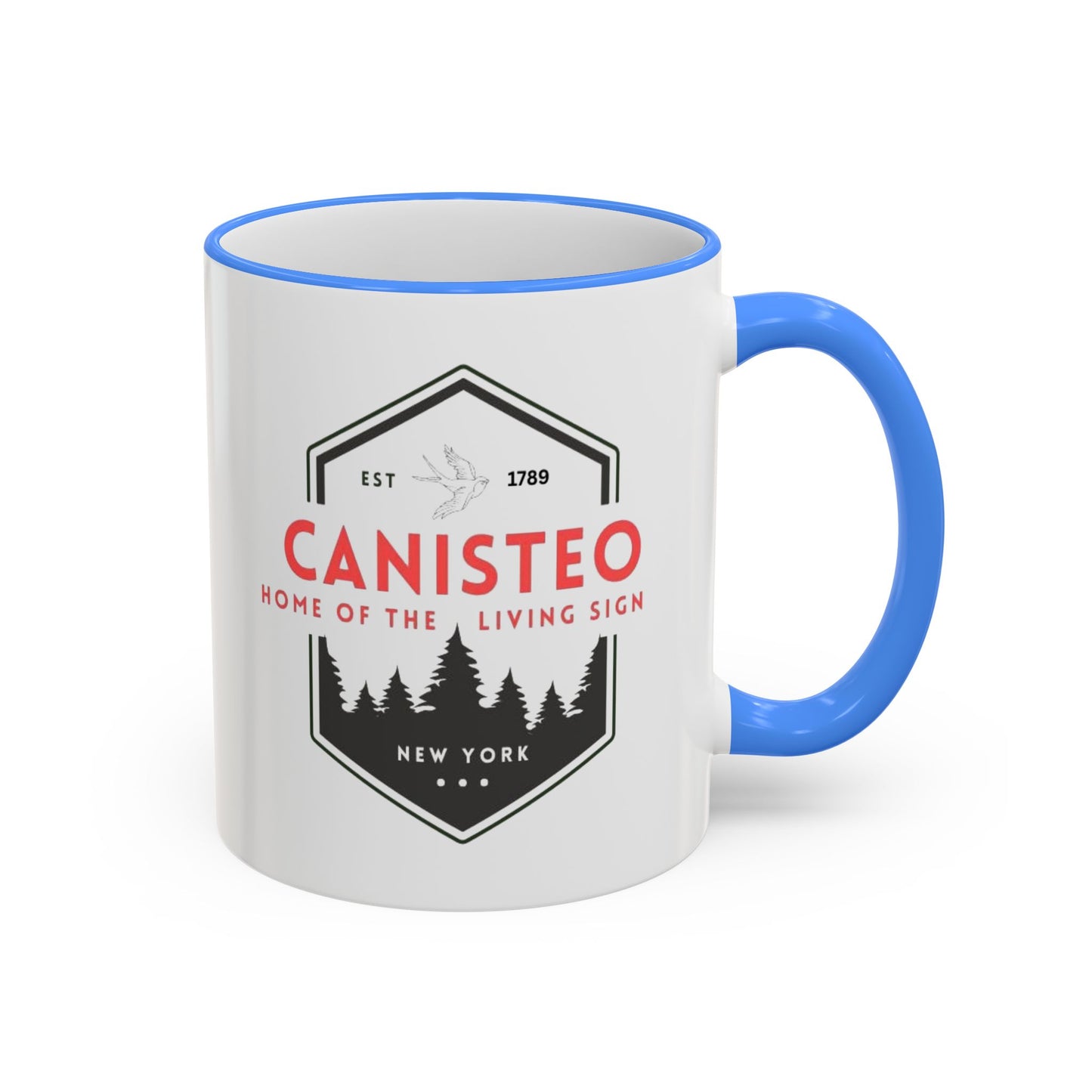 Canisteo New York Vintage Badge Mug — Accent Rim & Handle Coffee Cup (11oz, 15oz)