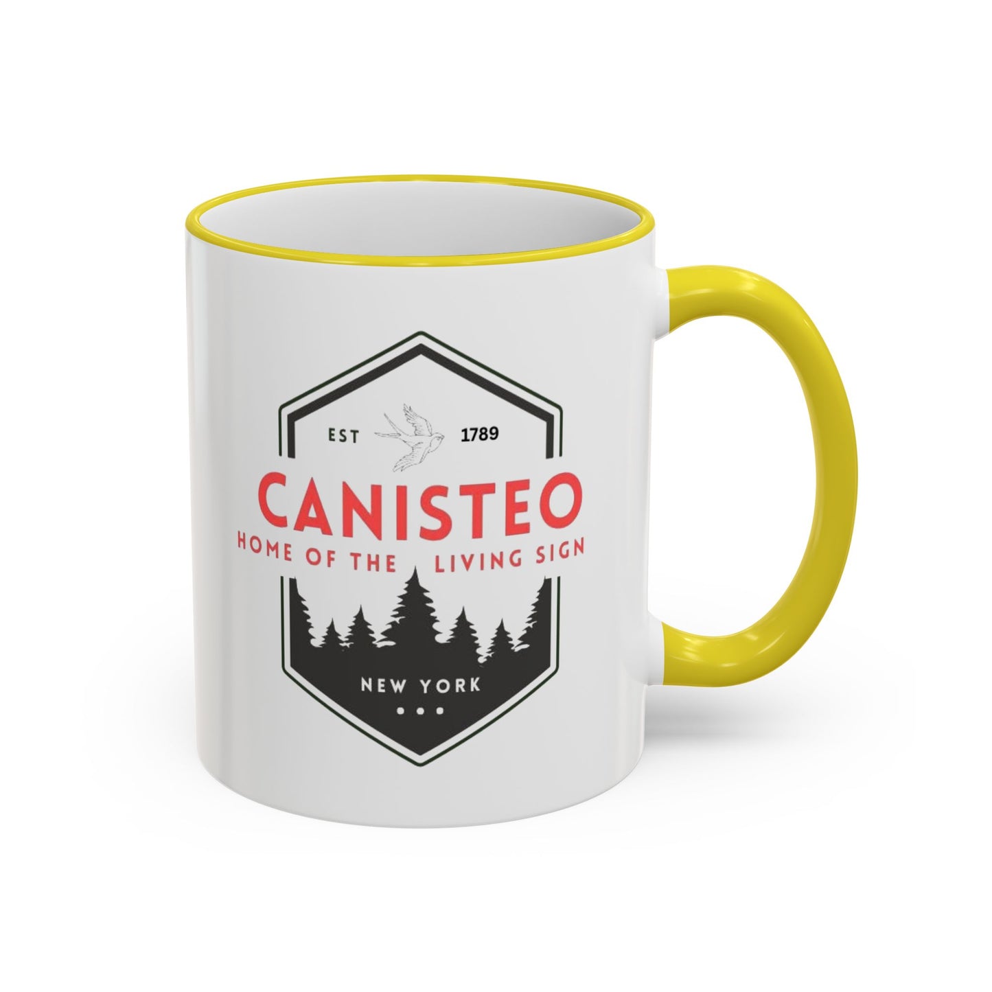 Canisteo New York Vintage Badge Mug — Accent Rim & Handle Coffee Cup (11oz, 15oz)
