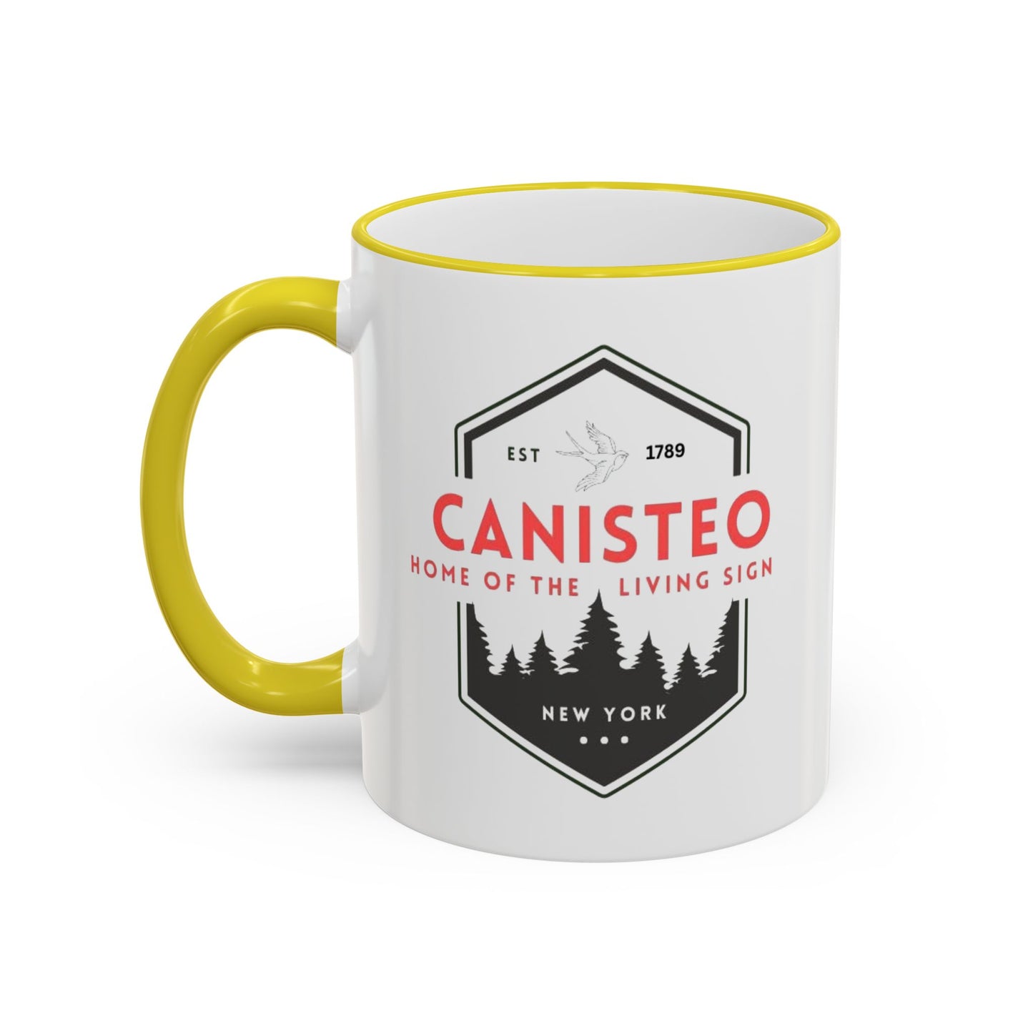Canisteo New York Vintage Badge Mug — Accent Rim & Handle Coffee Cup (11oz, 15oz)